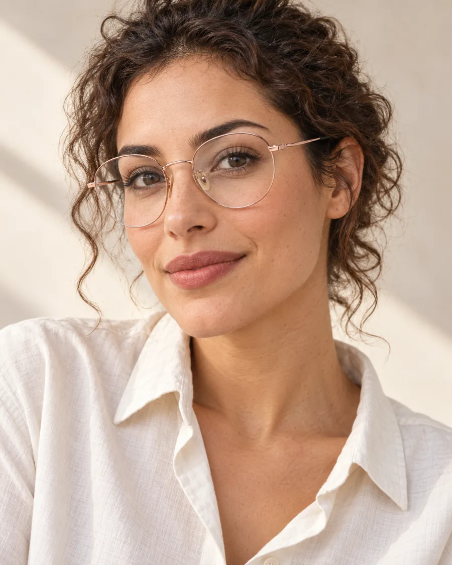 Modella virtuale con la montatura Andorra oro rosa